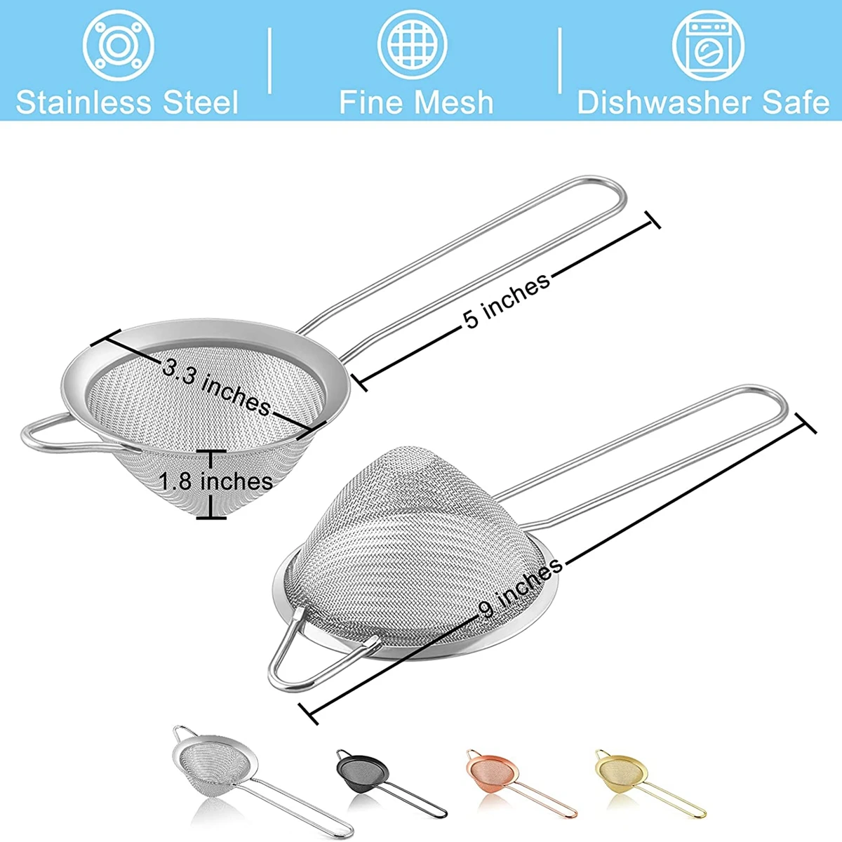 Colador de malla fina colador de barra de acero inoxidable 304 colador de malla de cono cónico pequeño para cócteles coladores de té de jugo de café