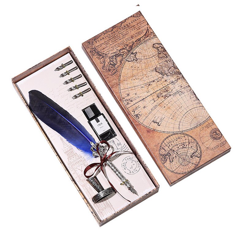 Luxury Fountain Pen Set Colorful Vintage Feather Pen Classic Calligraphy Ink Pens Dip Quill for Student Writing Pen Box set: 22