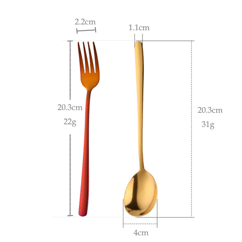 2 uds juego de tenedor cuchara cubiertos de acero inoxidable vajilla de postre de colores utensilios de cena de mango largo tenedores de ensalada cucharas de sopa vajilla casera