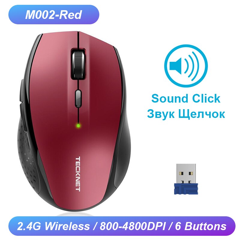 TeckNet Computer Wireless Gaming Mouse 6 Buttons 2400 DPI Mause 2.4G Receiver USB Optical Ergonomic Mouse Gamer Wireless For Lap: M002 Red