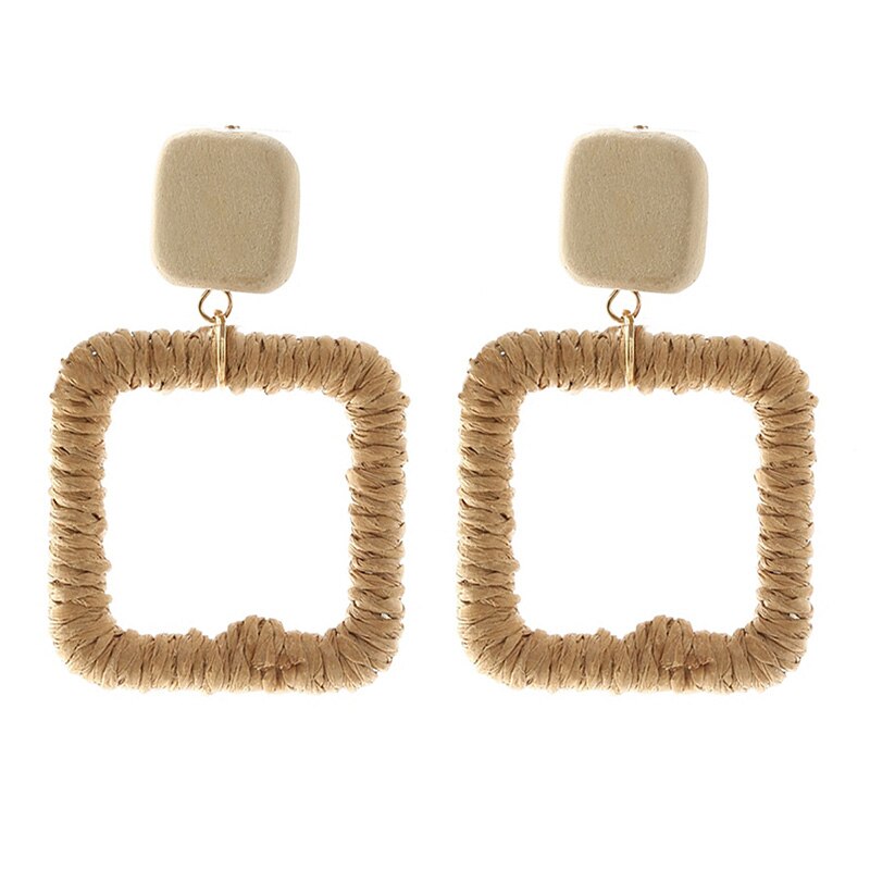 Female Bohemian Handmade Vine Rattan Straw Woven Dangle Earrings For Women Boho Geometric Square Wooden Earring Jewelry: E0380-2
