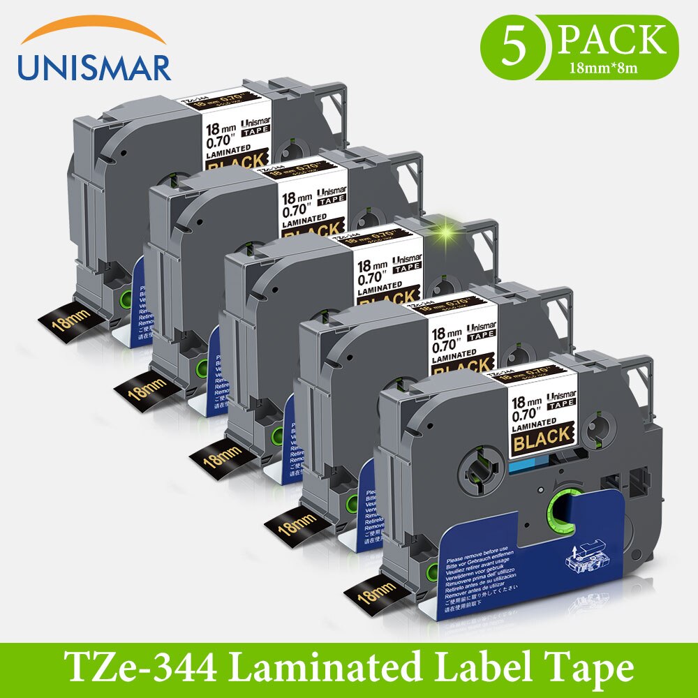 5PK Gold on Black TZe-344 TZe344 TZe 344 TZ-344 18mm Label Tape Compatible for Brother Print P-touch Label Maker Laminated Tape