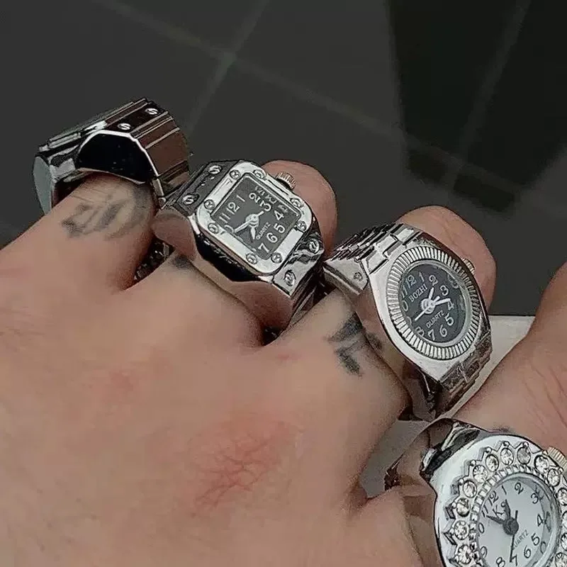 Anillo de reloj colorido para hombre y mujer, puntero Retro plateado, reloj de cuarzo, anillos para dedo, correa de aleación Punk, relojes, accesorios de joyería