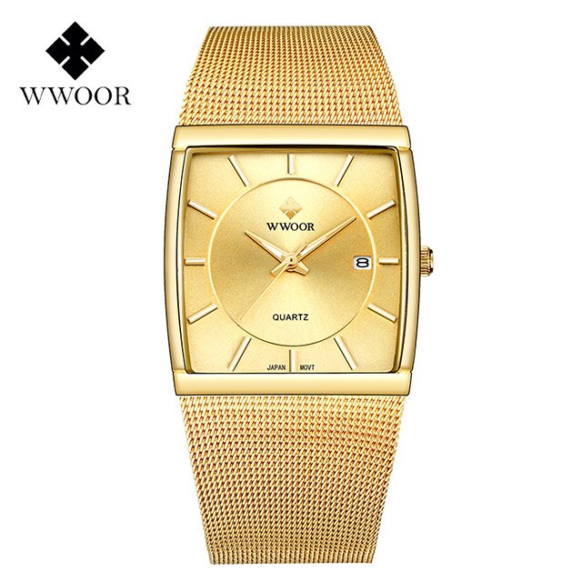 Wwoor Luxe Goud Ultra Dunne Quartz Horloges Voor Mannen Mode Vierkante Heren Horloge Stalen Mesh Band Waterdicht Datum Pols horloge: gold gold