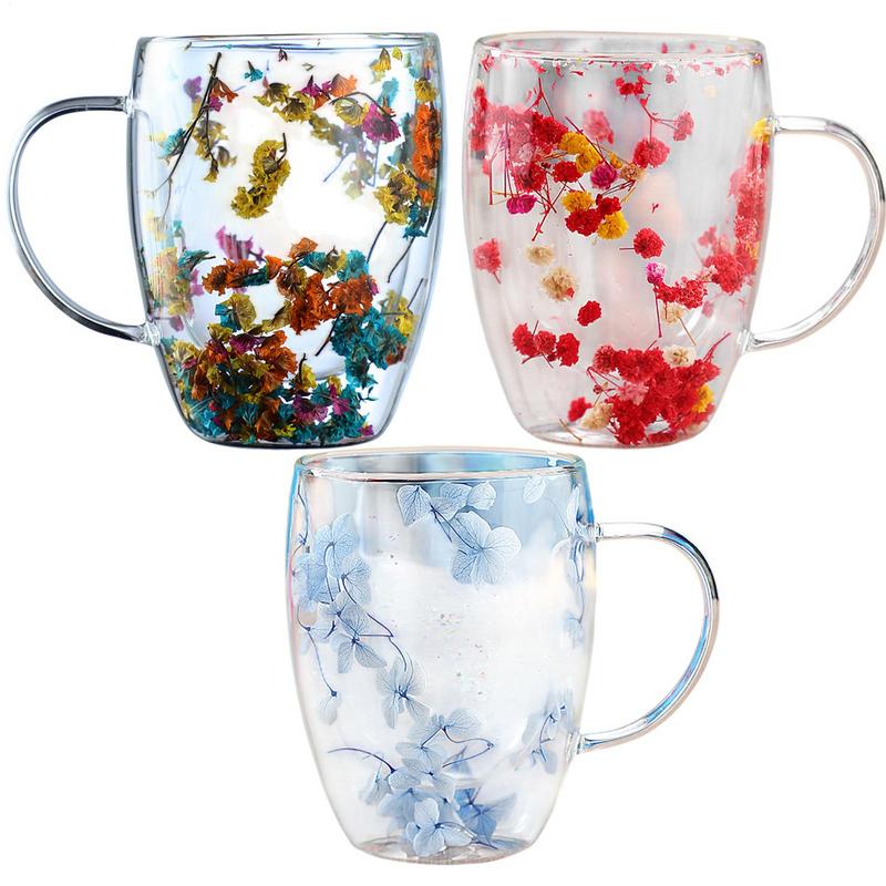 Geïsoleerde Laag Bloemen Koffiekopje Dubbelwandige Glazen Koffiemok Handvat Verbrandingsbeveiliging Glazen Mokken Gedroogde Bloemen Warmte-isolatie cup