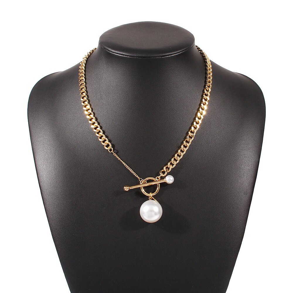 KMVEXO Trend Hip hop Gold Plated Thick Chain Metal Ball Long Chain Clavicle Necklace for Men Women Girls Party Jewelry: round pearl