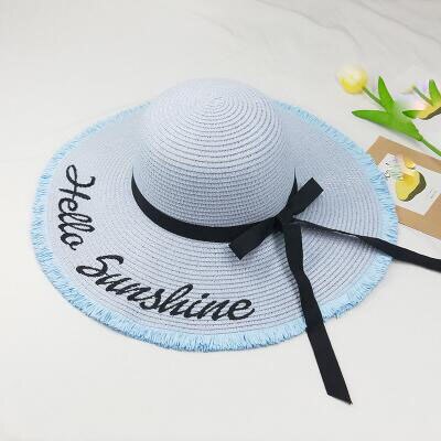 summer Hello Sunshine Sequin letter wide brim sun hats for women Beach vacation girls straw hat: Light blue