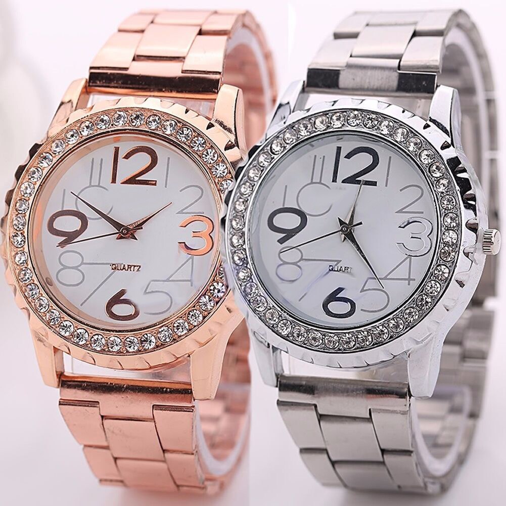 Unisex Rhinestone Rvs Band Analoge Quartz Paar Horloge Dames Jurk Horloges Luxe