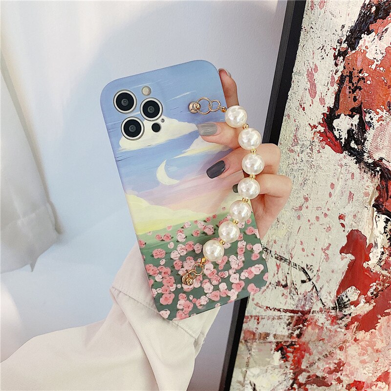Parel Rhinestone Pols Landschap Zee Bloemen Case Voor Iphone 12 11 Pro Max X Xr Xs Max 7 8plus SE2020 Beschermhoes