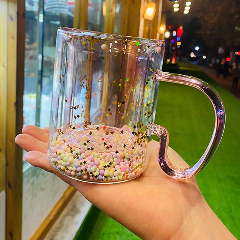 Girly Heart Sequins Korea Star Mug Heat-resistant Glass Double-layer Coffee Cup with Handle: Bubble Star Cup