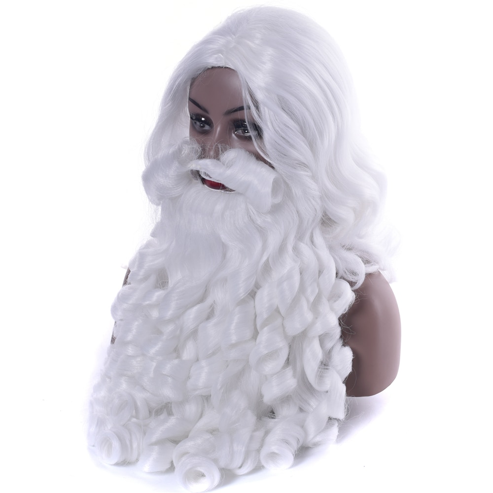 IMISSU Christmas Costume Santa Claus Wig and Beard Synthetic Hair White Cosplay Hair Hairpiece for Xmas Halloween Year Hat