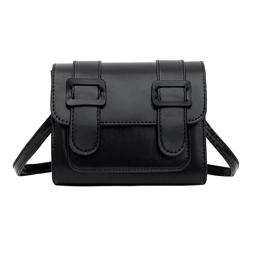 Kvinnor pu läder axelväskor bälte spänne liten fyrkantig casual flik crossbody messenger handväskor: Svart