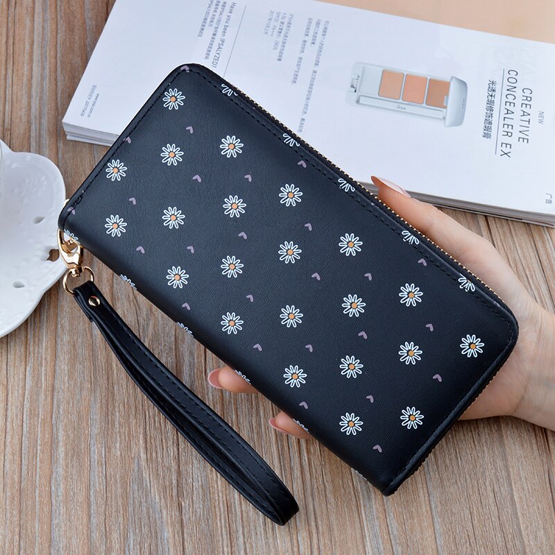 Laamei mulheres carteira longa flor impressão feminina carteiras embreagem senhora bolsa zíper telefone bolso titular do cartão das senhoras sacos de titular do cartão: Black