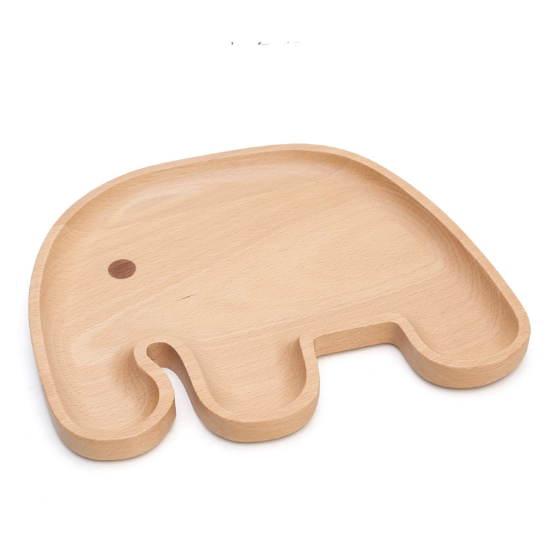 Wooden Divisions Compartment Plate Safe Healthy Cartoon Kids Tableware Rice Tray Breakfast Dinner Environmental: Elephant
