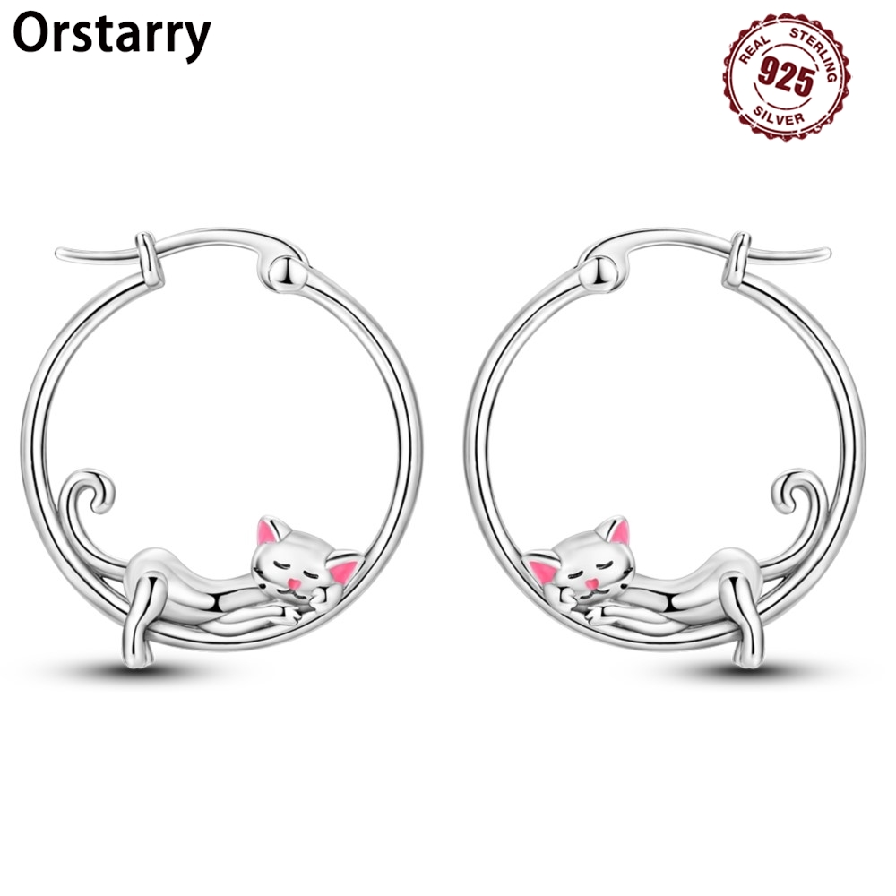 925 örhängen i sterlingsilver med söt lata katter, djur, husdjur, smycken, ringörhängen för kvinnor, fina smycken för födelsedagsfest