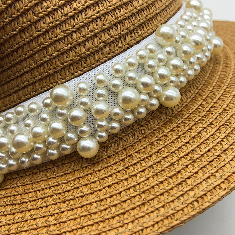 Chapéu de palha feminino chapéu panamá estilo cappelli lado com pérola praia balde boné menina topee 2020 verão chapéu de sol liso para mulher