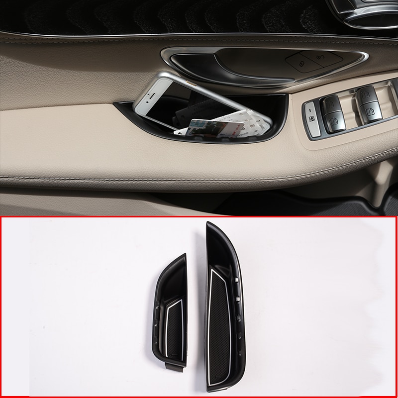 Black Car Door Handle Storage Box Tray with Mat Acessories For Mercedes Benz C-Class W205 GLC Class X253 LHD