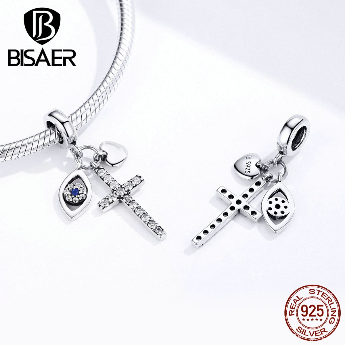 BISAER 925 Sterling Silber Blau Crystals Augen Runde Bead Fatima Hamsa Hand Charme Fit Charme Silber 925 Original Armband Schmuck