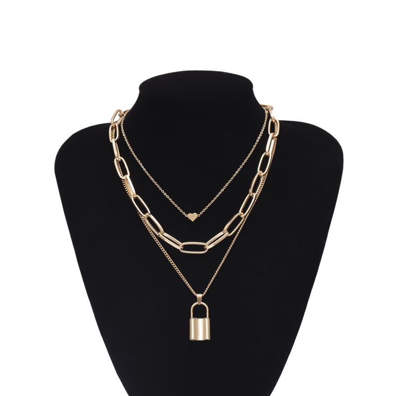 Double-layer Alloy Chain Double-layer Collar Simple Concentric Lock Key Element Pendant Necklace Femal