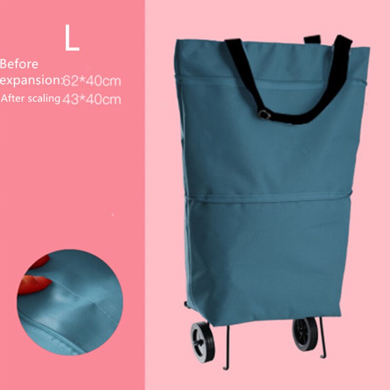 Oxford Folding Shopping Bag Shopping Cart Wheels Bag Small Pull Cart Women's Buy Vegetables Bag Shopping Organizer Tug Package: Lake blue L
