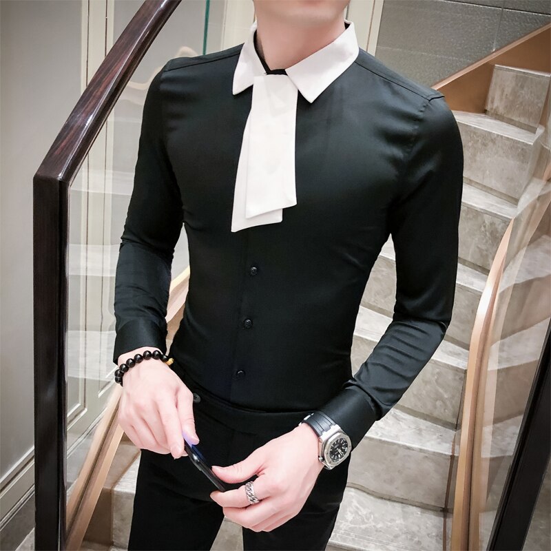 British Style Simple Tuxedo Shirt Men All Match Tie Long Sleeve Men Social Shirts Slim Fit Party Wear Blouse Homme 3XL-M