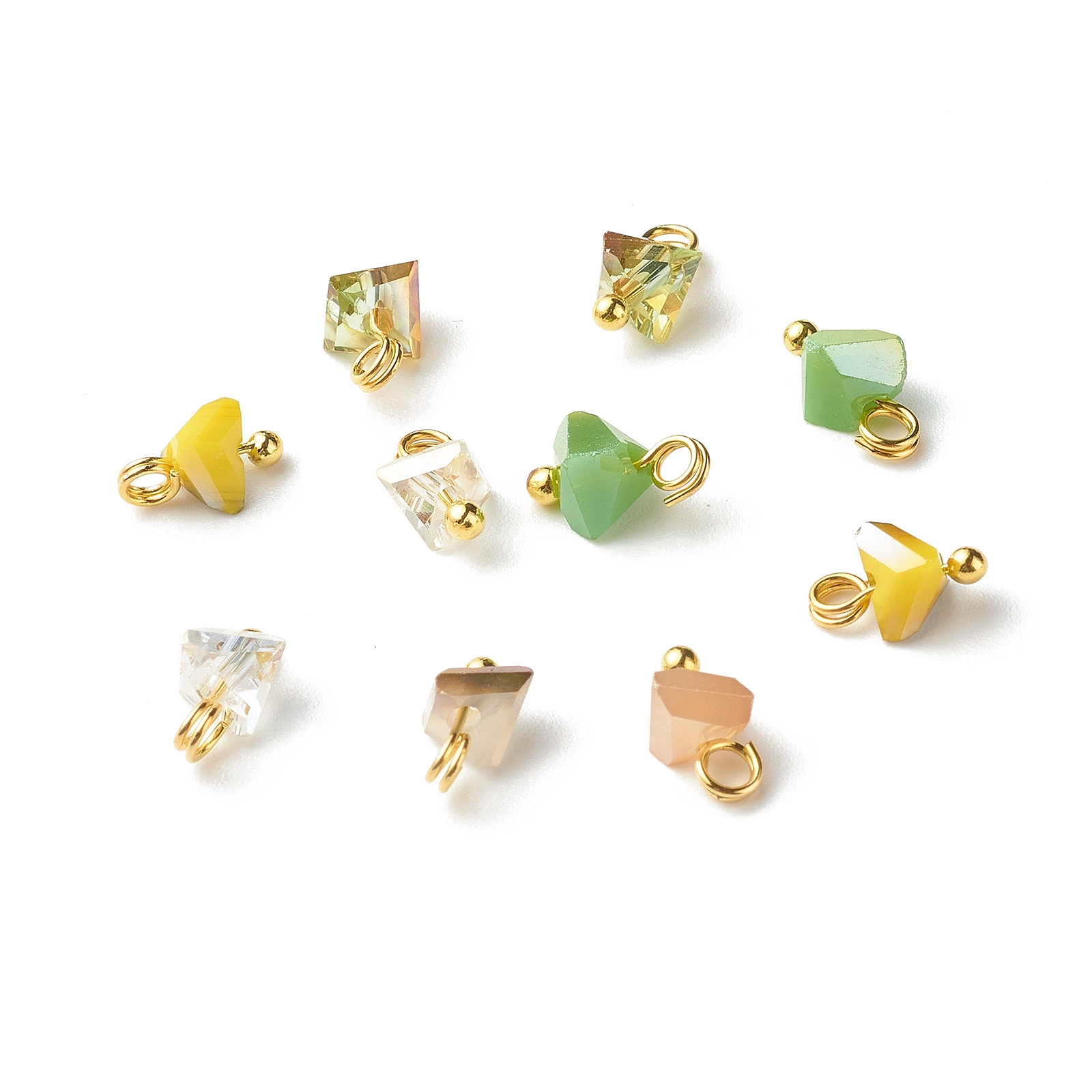 100 Uds. Amuletos de cristal triangulares electrochapados con alfileres de cabeza de bola de latón para fabricación de joyas, accesorios para collar y pulsera, 8x6x4,5mm: Verde