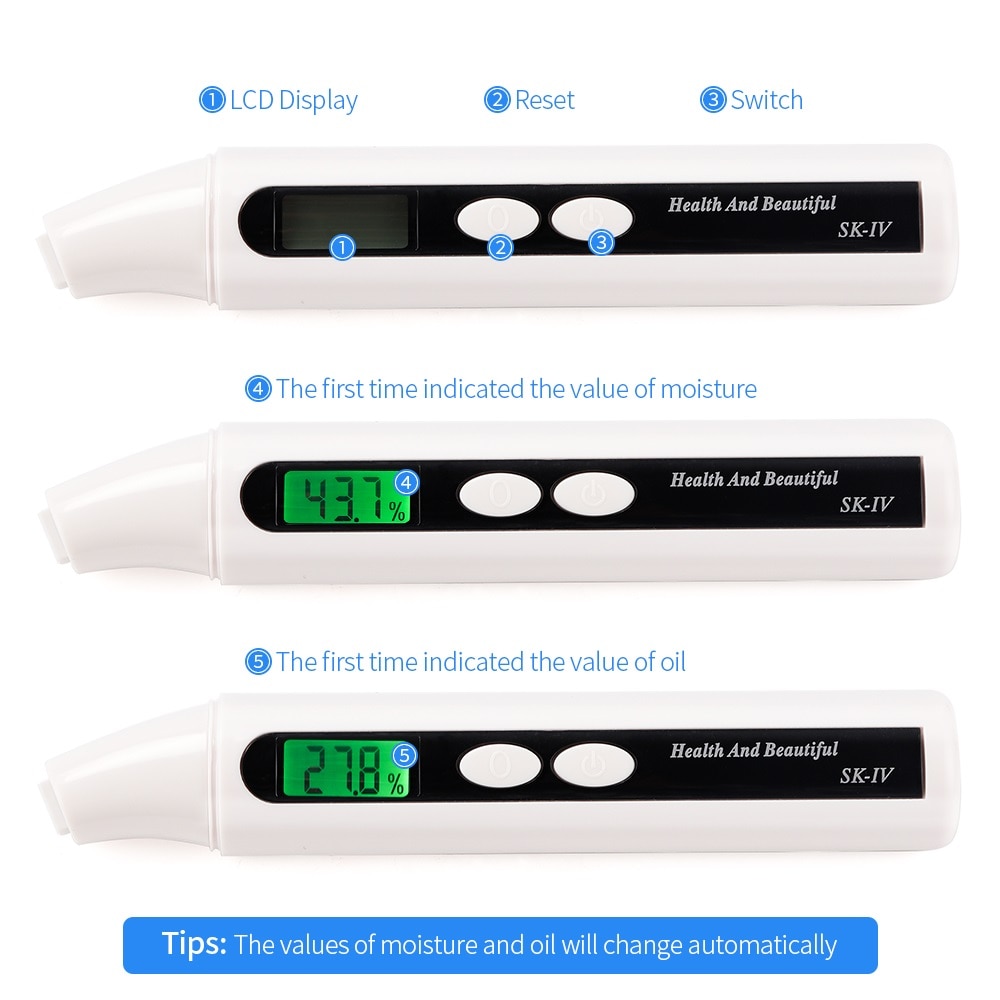 Portable Skin Beauty Moisture Tester with LCD Display Smart Skin Water and Oil Health Detection Facial Humidity Test Pen Home