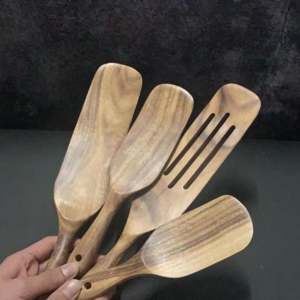 Wooden Cooking Utensils Slotted Spurtle Spatula Sets Non Stick Kitchen Tableware Non Stick Natural Teak Wood Cookware Set