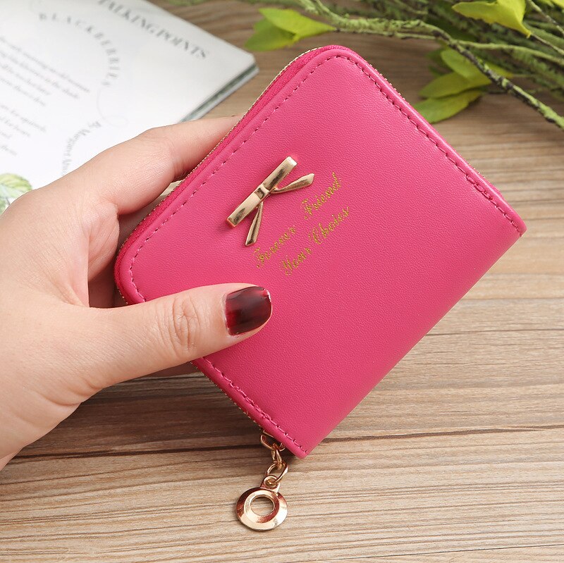 Korean Ladies Coin Purse Simple Bow Coin Purse Zipper Small Purse Short Coin Purse Card Holder: Rose red