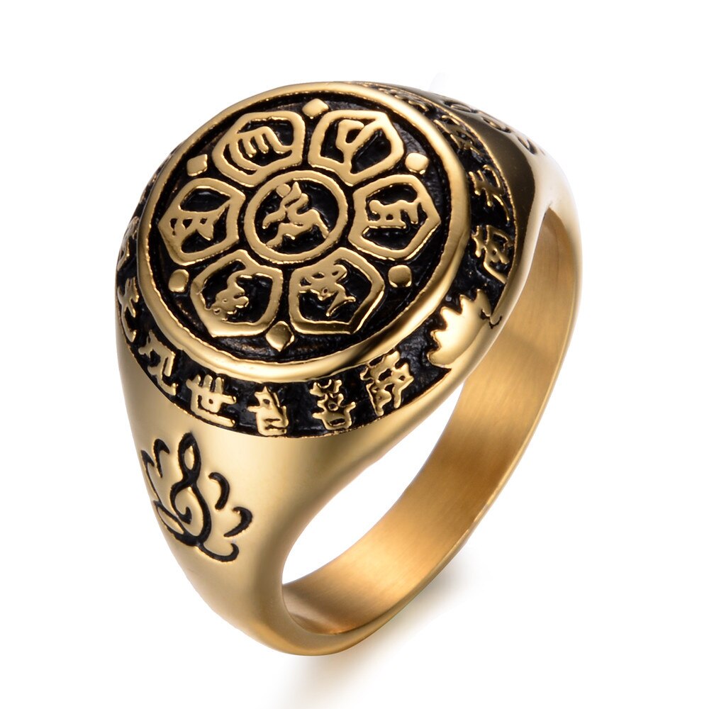 Shenghuo Rvs Zes Karakter Ware Woorden Lotus Sanskriet Guanyin Mantra Voor Mannen En Vrouwen Ring: 12 / Gold