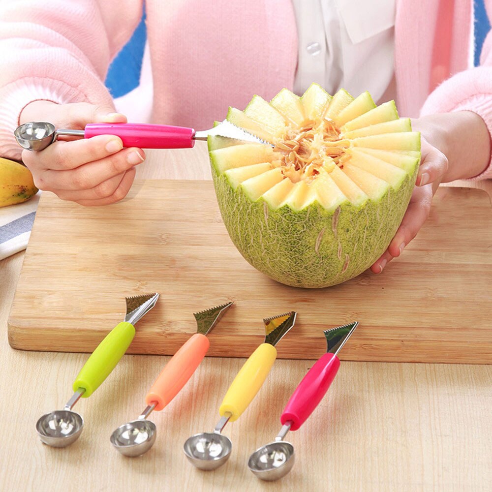 Frugt grøntsagsværktøj 2 in1 dobbelthoved frugtkugleudskæring kniv vandmelon scoop melon ballers digger is fad ske