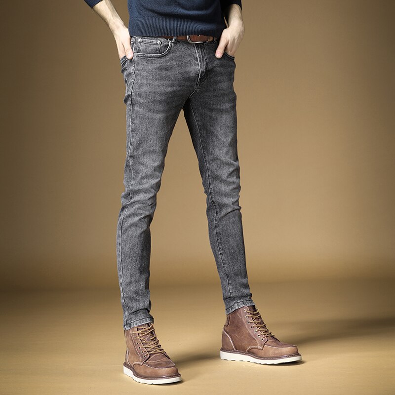 Pantalones vaqueros elásticos para hombre, ropa de calle con ajuste, para otoño e invierno, color gris oscuro