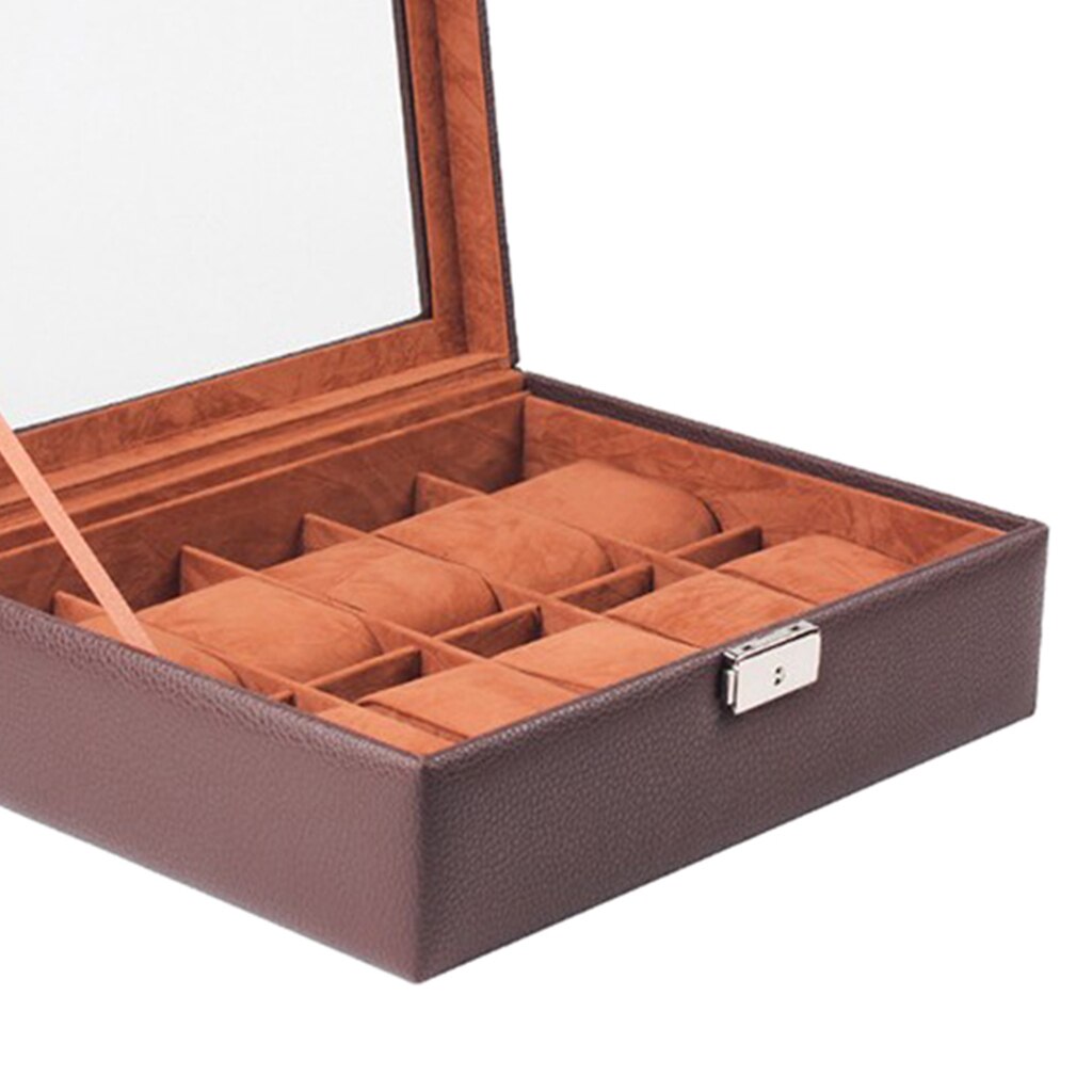 Luxury Brown Leather Watch Display Container 10 Slot Wristwatch Storage Showcase Watch Case