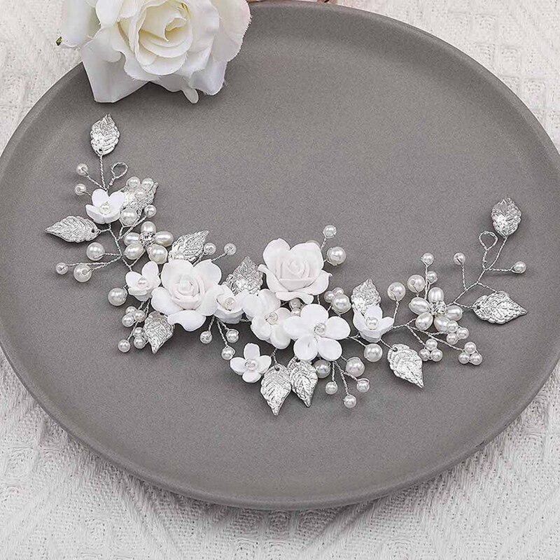 Flower Bride Wedding Hair Vine Silver Pearl Hair Accessories Bridal Headband Headpiece for Women and Girls