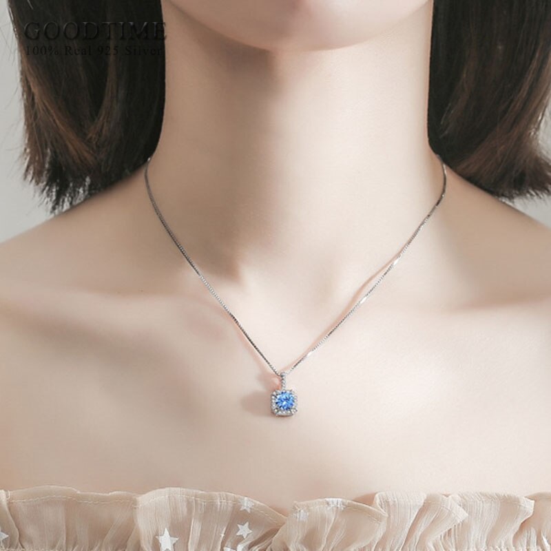 Pure 925 Sterling Silver Pendant Necklace For Women Square Zircon Rhinestone Necklace Valentine's Day For Girl