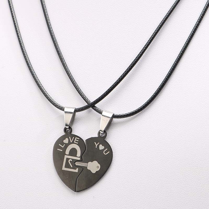 Couple Necklace Two Halves of Heart Splicing Pendant Black Love Key and Lock Men and Women Love Heart Necklaces