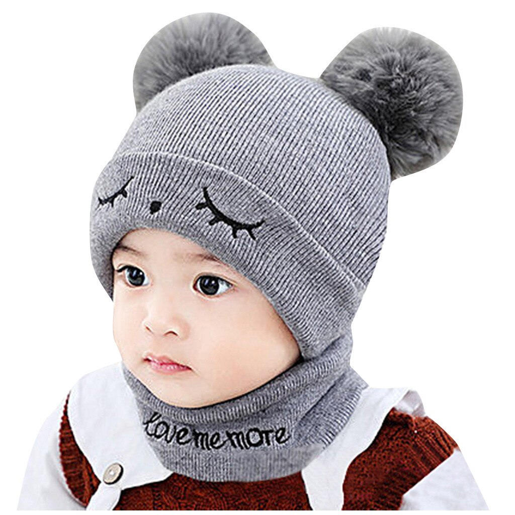 -né bébé enfants filles garçons hiver tricot chapeau fourrure boules pompon solide mignon belle bonnet # P30: Gris