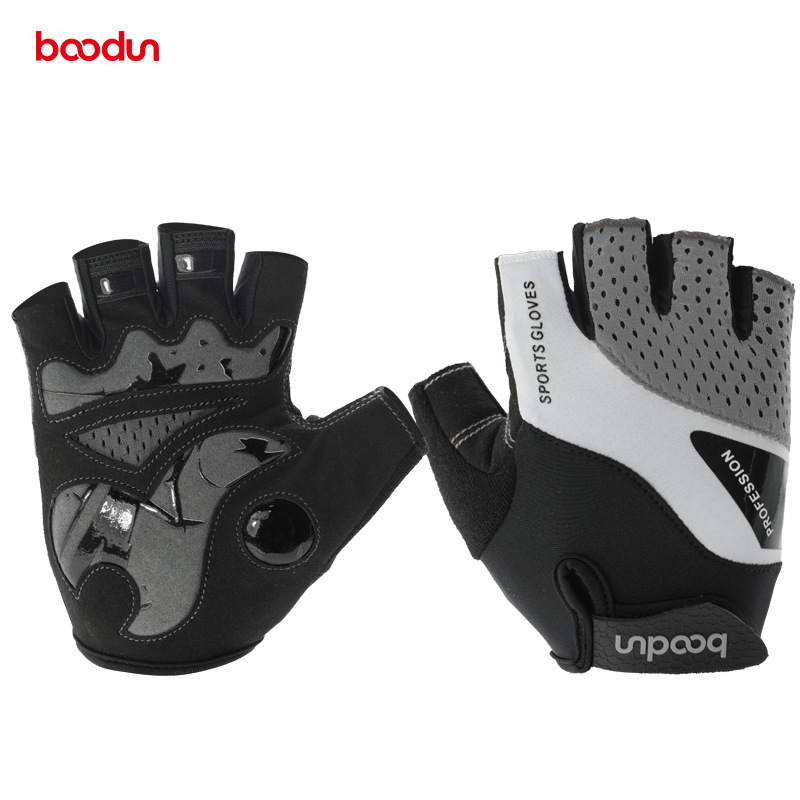 BOODUN Men Women Cycling Gloves Half Finger Summer Antislip Bike Gloves Gym Shockproof Road Mountain Bike MTB Bicycle Gloves: Gray / M