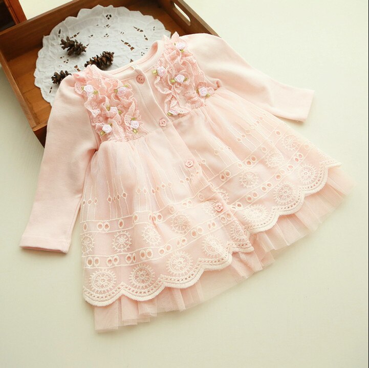 Forår og efterår 0-2 år baby tøj blomsterblonde dejlig prinsesse nyfødt baby tutu kjole spædbarn kjoler vestido infantil: Lyserød / 3m