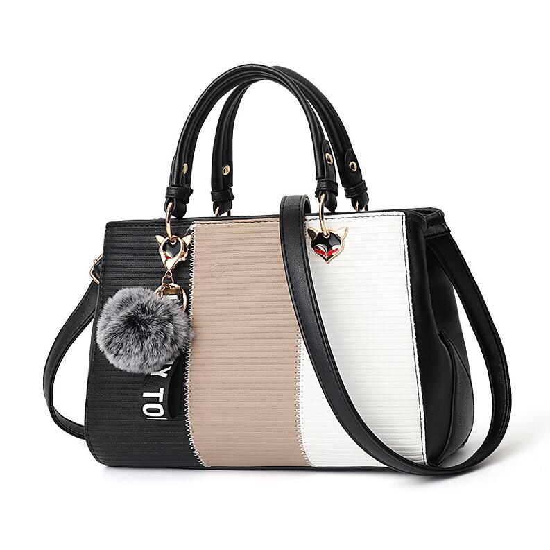 ACELURE PU Leather Handbag - Patchwork Design with Hairball Ornaments & Zipper Closure - Women's Shoulder Tote Bag: Khaki
