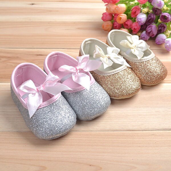 0-18M Newborn Baby Toddlers Bowknot Soft Ribbon Girl Glitter Crib Princess Paillette Shoes Anti-slip Soft Sole Prewalker