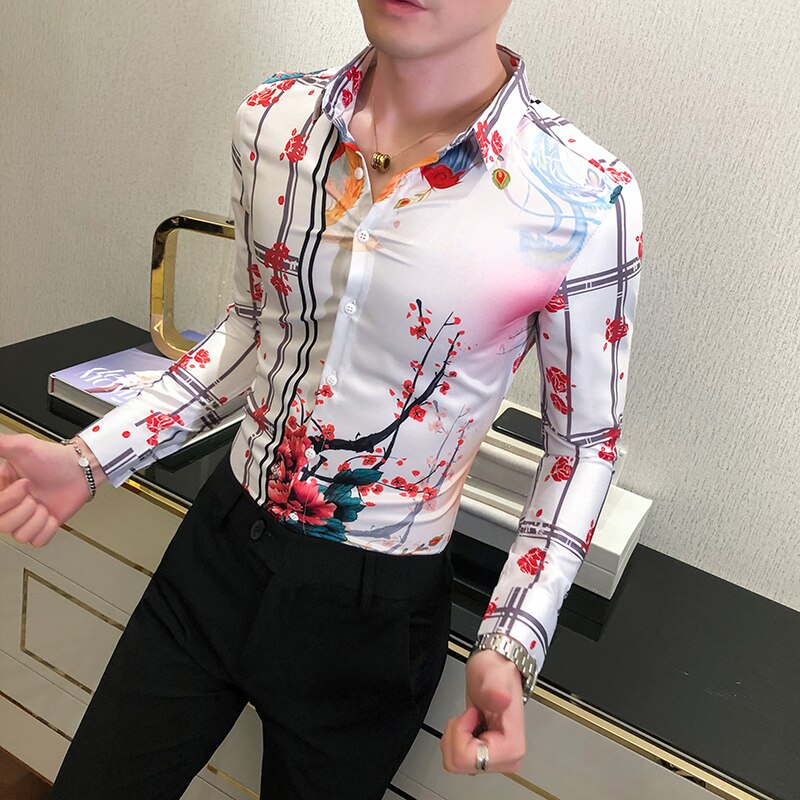 Blommiga skjortor för män höst långärmad casual skjorta slim fit streetwear social nattklubb blus camisa masculina