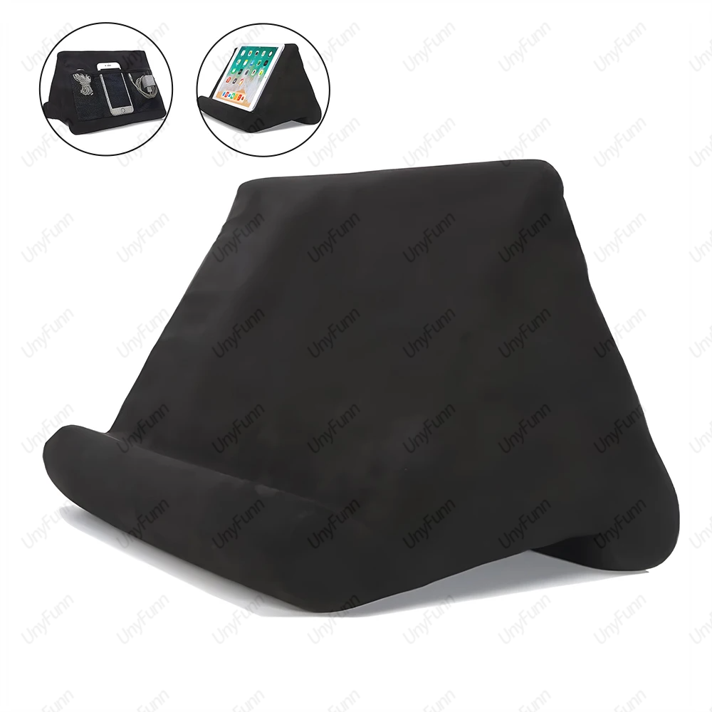 Zachte tabletkussenshouder met kabelzak Pad Tabletbeugel Dock voor schootbed en bureau voor iPad Telefoon Kindle Leesstandaard: Black