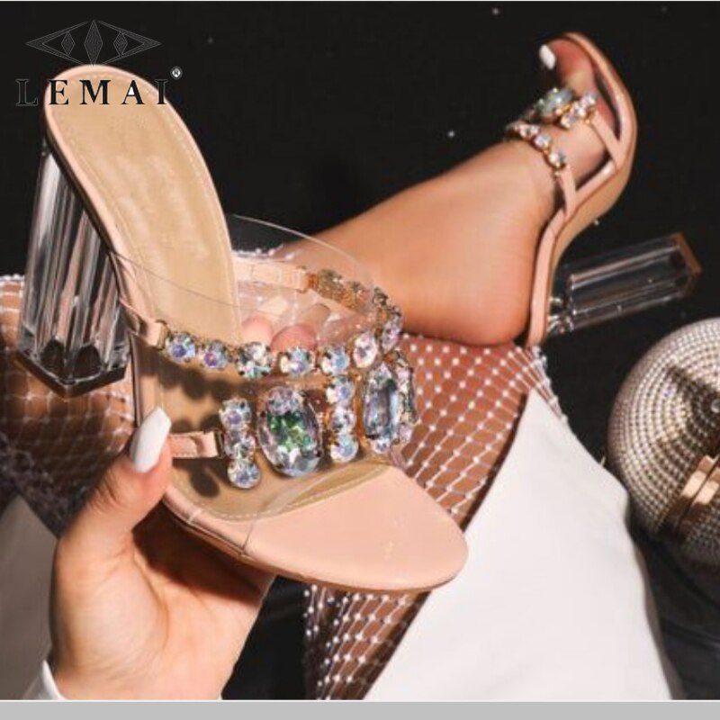 Lemai Zomer Clear Perspex Hak Vrouw Slippers Mode Transparante Diamant Kristal Sandalen Dames Partij Schoenen