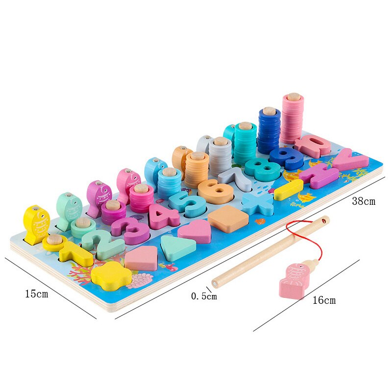 Montessori Educational Wooden Toys Children Busy Board Shape Color Math Matching Puzzle Magnetic Fishing Counting Toys: Dolphin Six in One