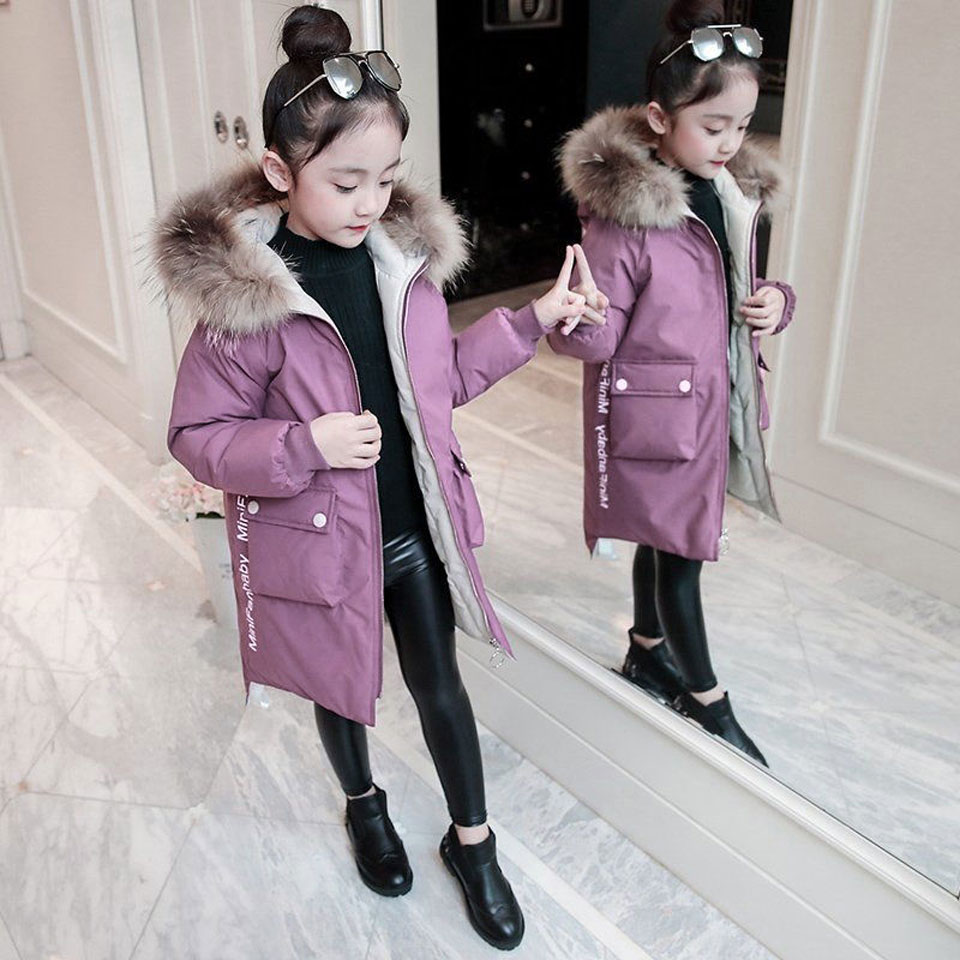 Kinderen Winter Beneden Katoenen Jas Meisje Kleding Kinderkleding Warme Dikke Parka Bontkraag Capuchon lange Jassen 4-12Y