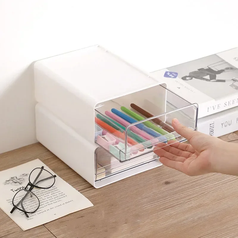 Oppbevaringsboks på skrivebordet, skuffer, gjennomsiktige plastbokser for kontorfiler, stabelbare kombinasjonsorganisatorer