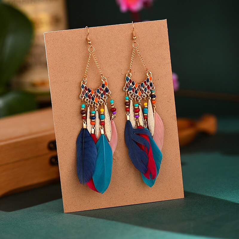 Long Tassel Feather Style Ethnic Boho Big Dangle Statement Earring Wedding Earrings Accessories: E5
