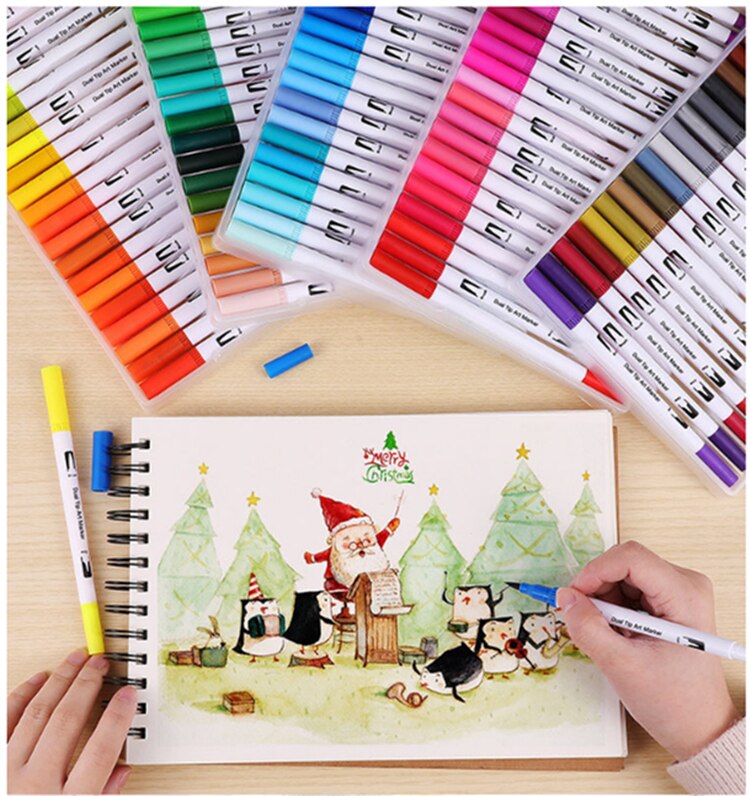 12 stk/sett markører sett pennfarger fineliner to tips penselpenner tegning maleri akvarell kunst markør penner skoleutstyr