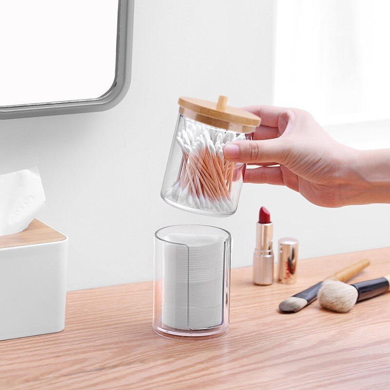 Makeup Cotton Pad Organizer Storage Box For Cotton Swabs Rod Cosmetics Jewelry Bathroom Qtip Container with Bamboo Lid